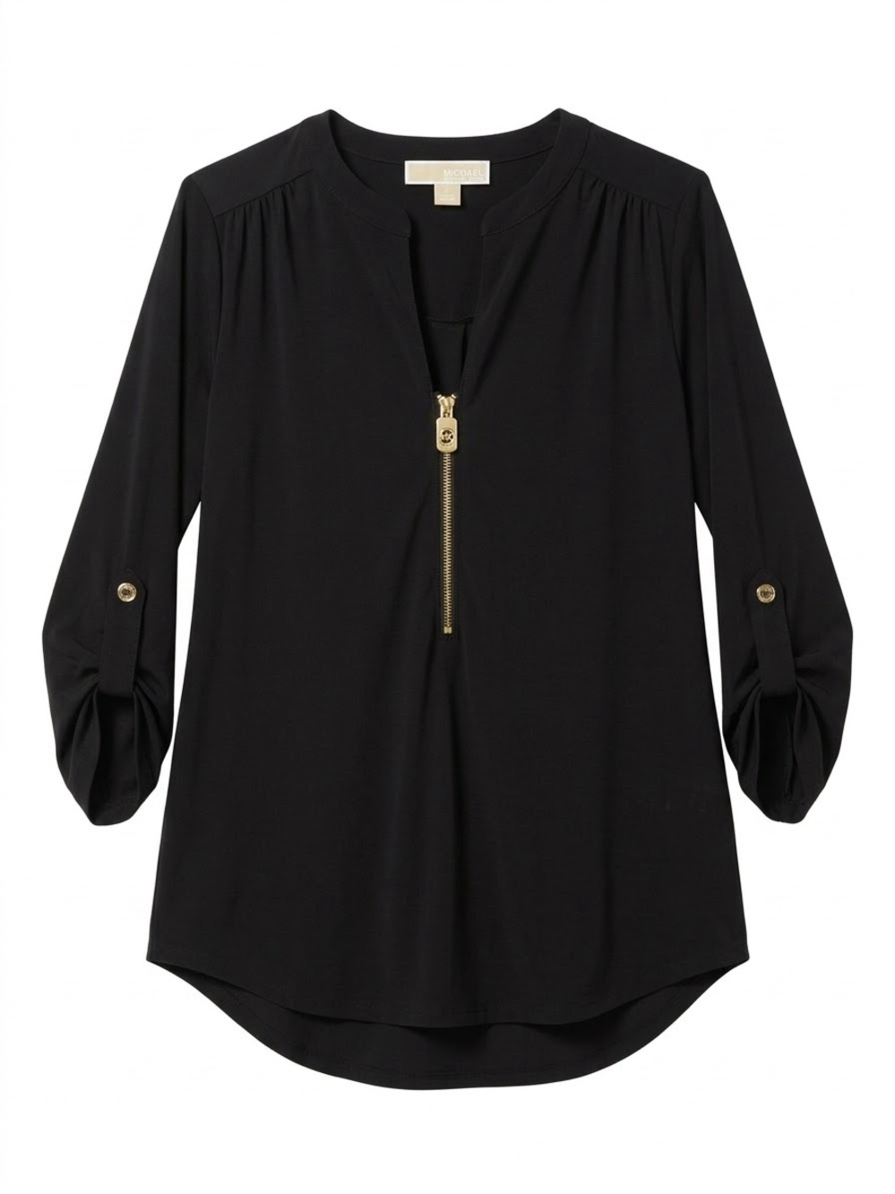 MICHAEL Michael Kors Black Zip Front V-Neck Top Medium Gold Logo Hardware
